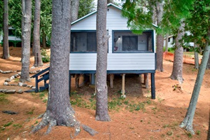 Front view of the cabin with stairs on the left side and forest on the background