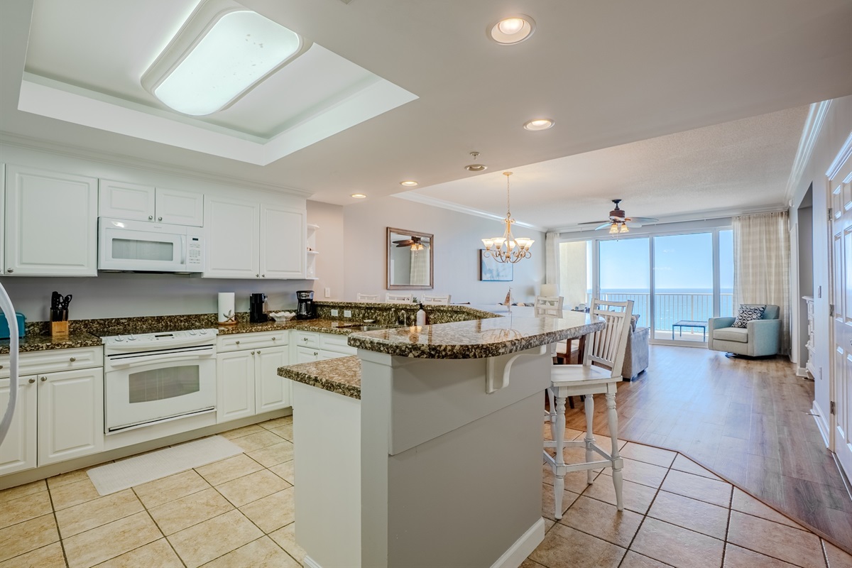 Large kitchen looking into living area