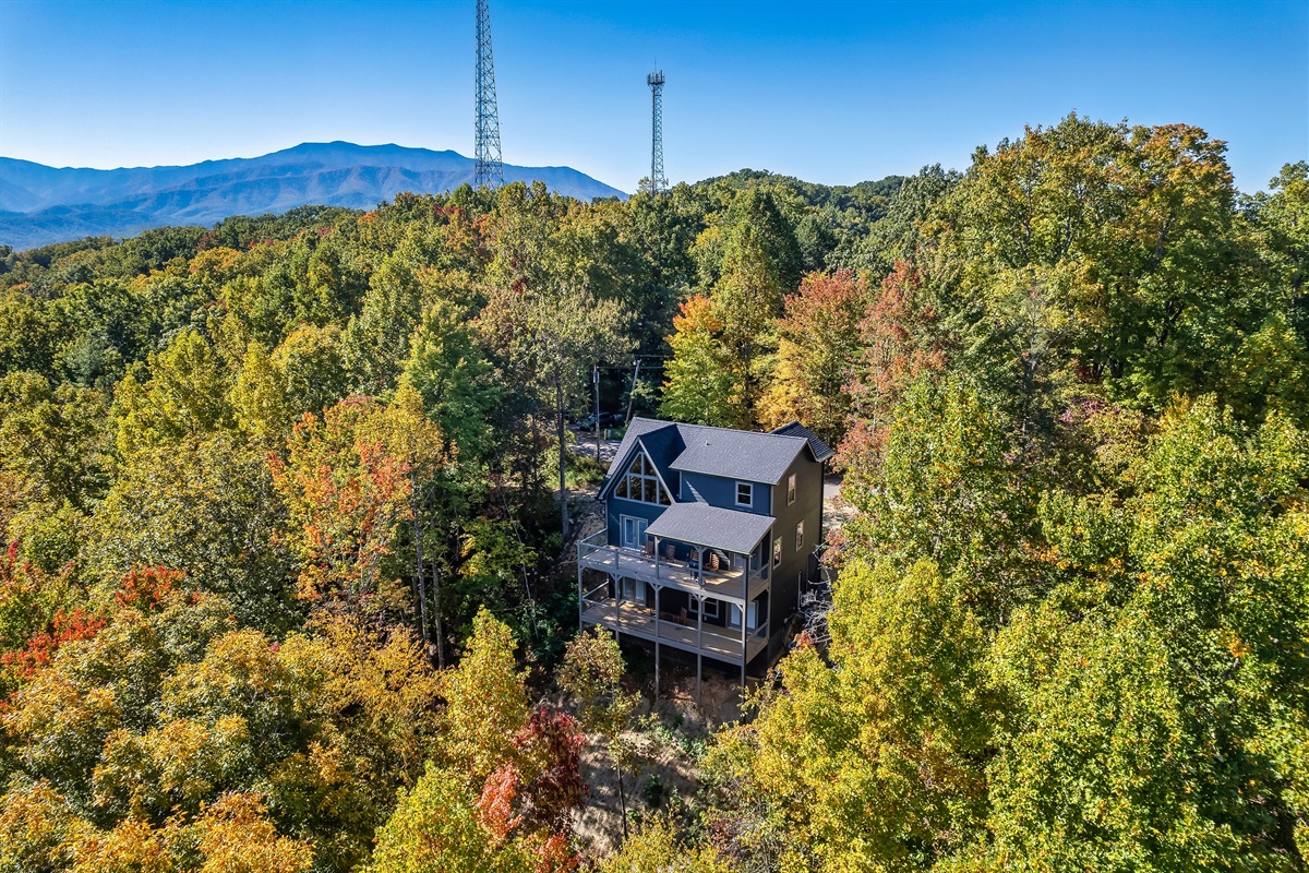 Welcome to Blue Smoke Outpost tucked among the trees with the Smokies in the distance.