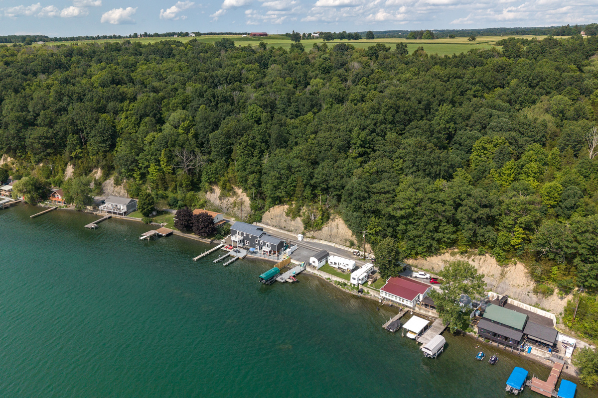 Lakefront homes bordered by dense forest