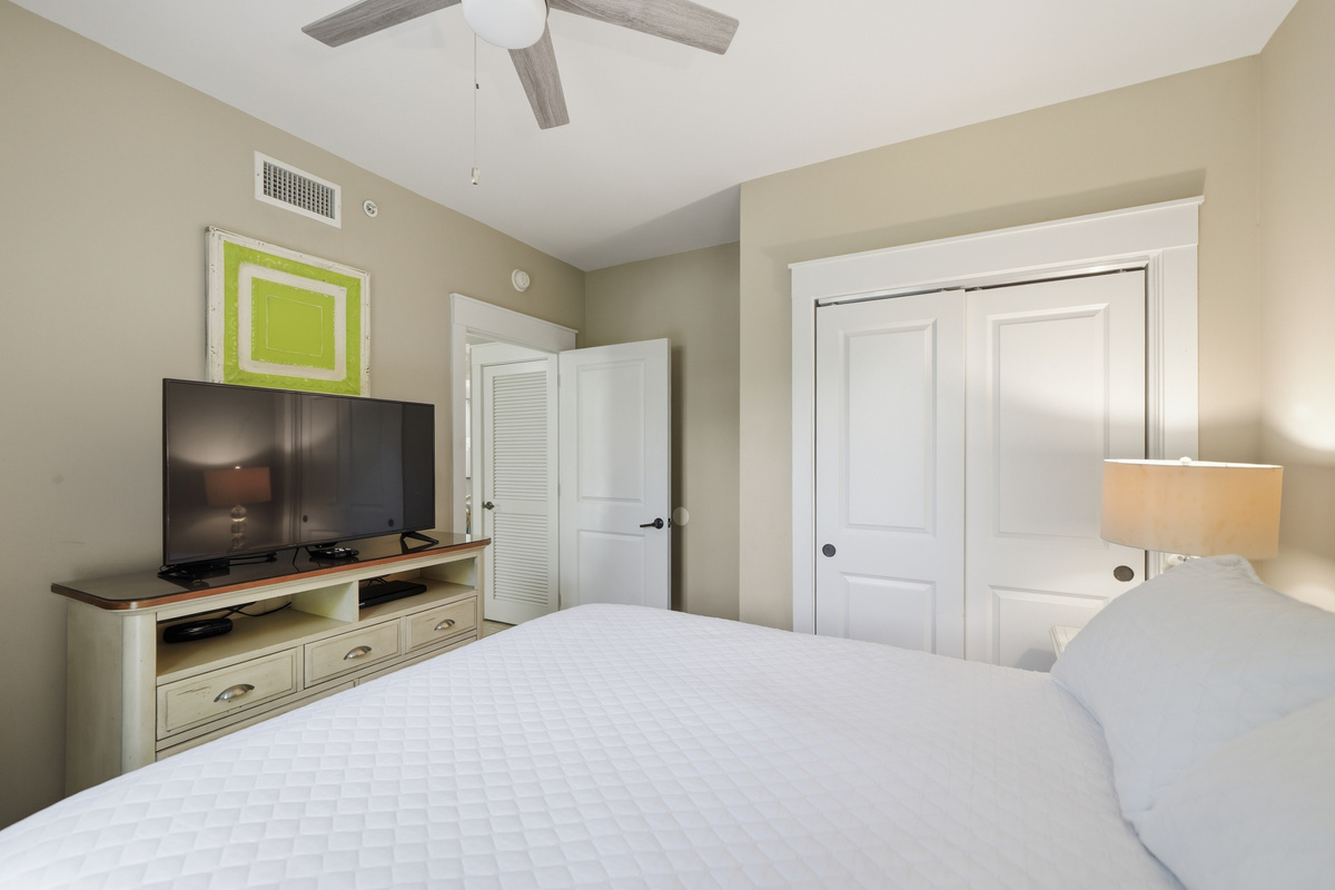 Guest room has a queen-size mattress and plenty of closet space for your clothes