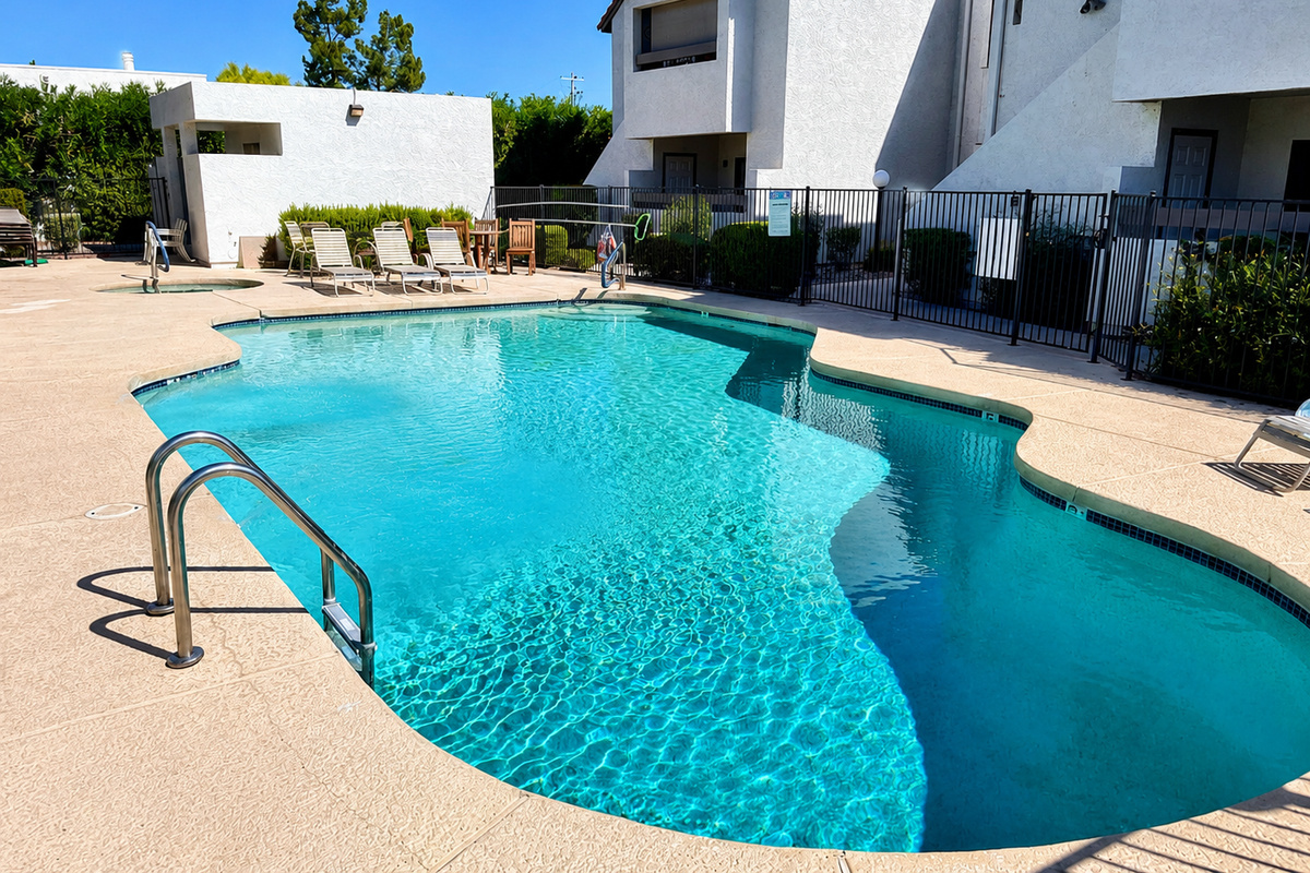 Shared community pool with lounge chairs and space to cool off outside.
