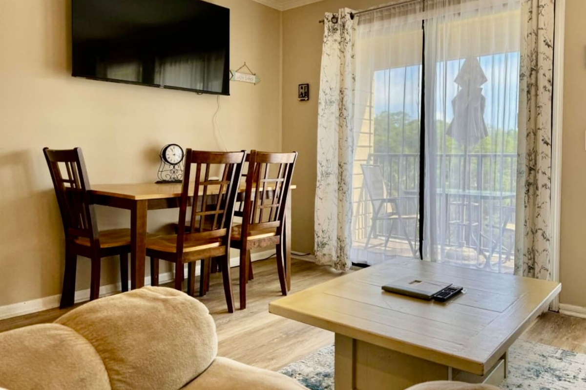 Dining area by the balcony doors