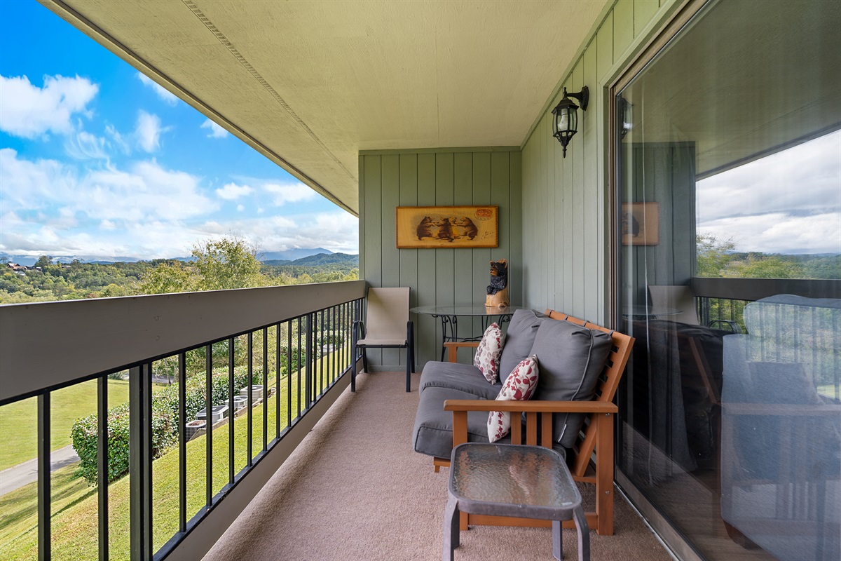 Beautiful mountain views off of the covered balcony.