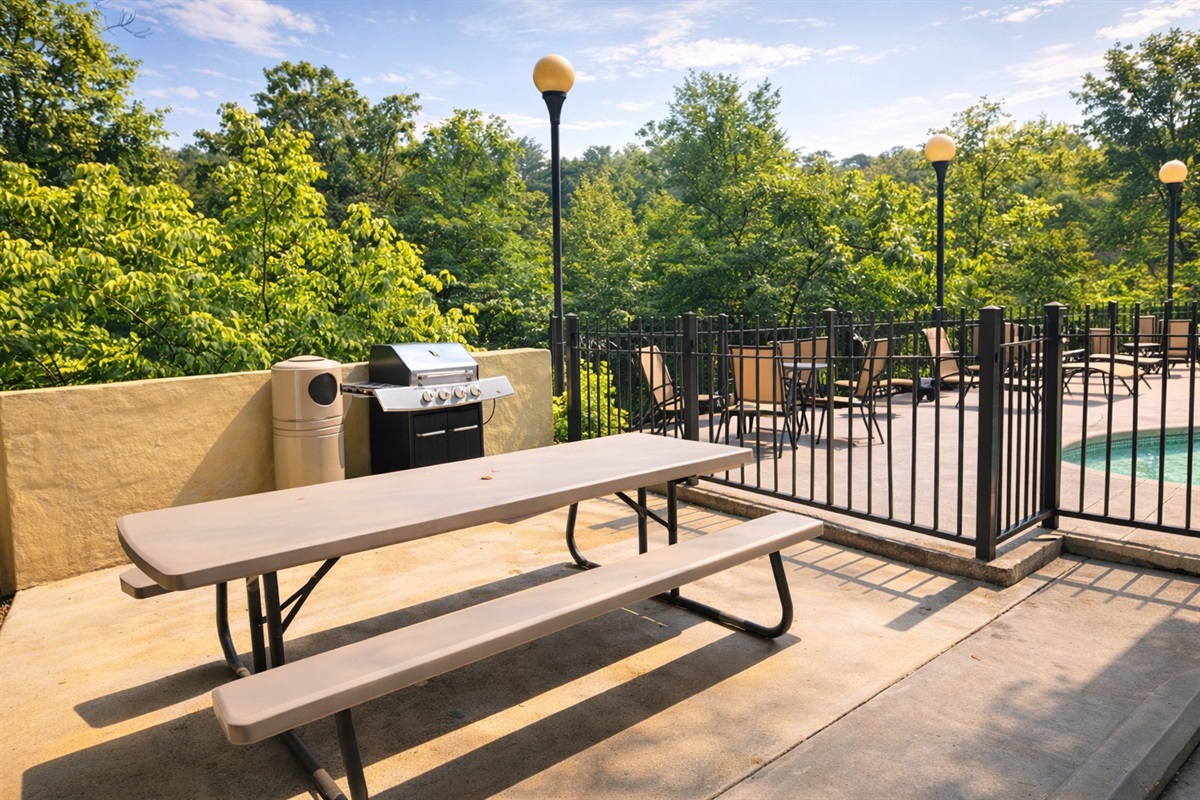 Community grilling and picnic area — perfect for cookouts with family and friends during your mountain getaway.