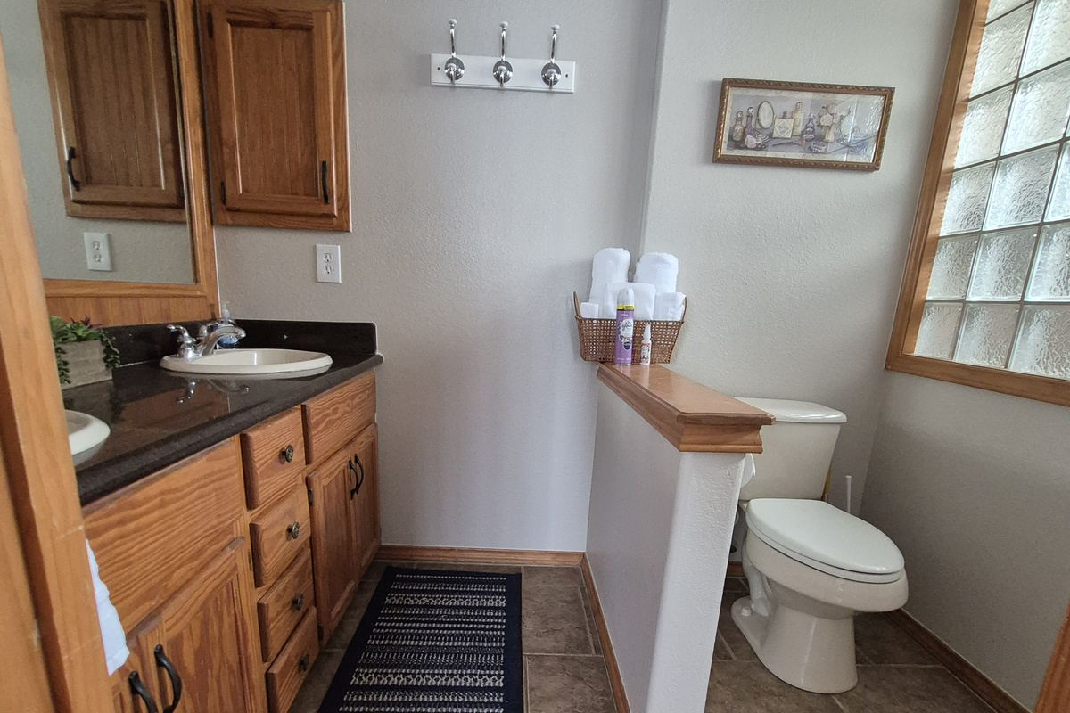 Master bath with double vanity and walk-in shower with bath toiletries provided (2nd/main floor) 