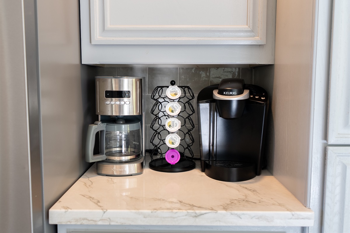 Coffee station with a variety of brewing choices.