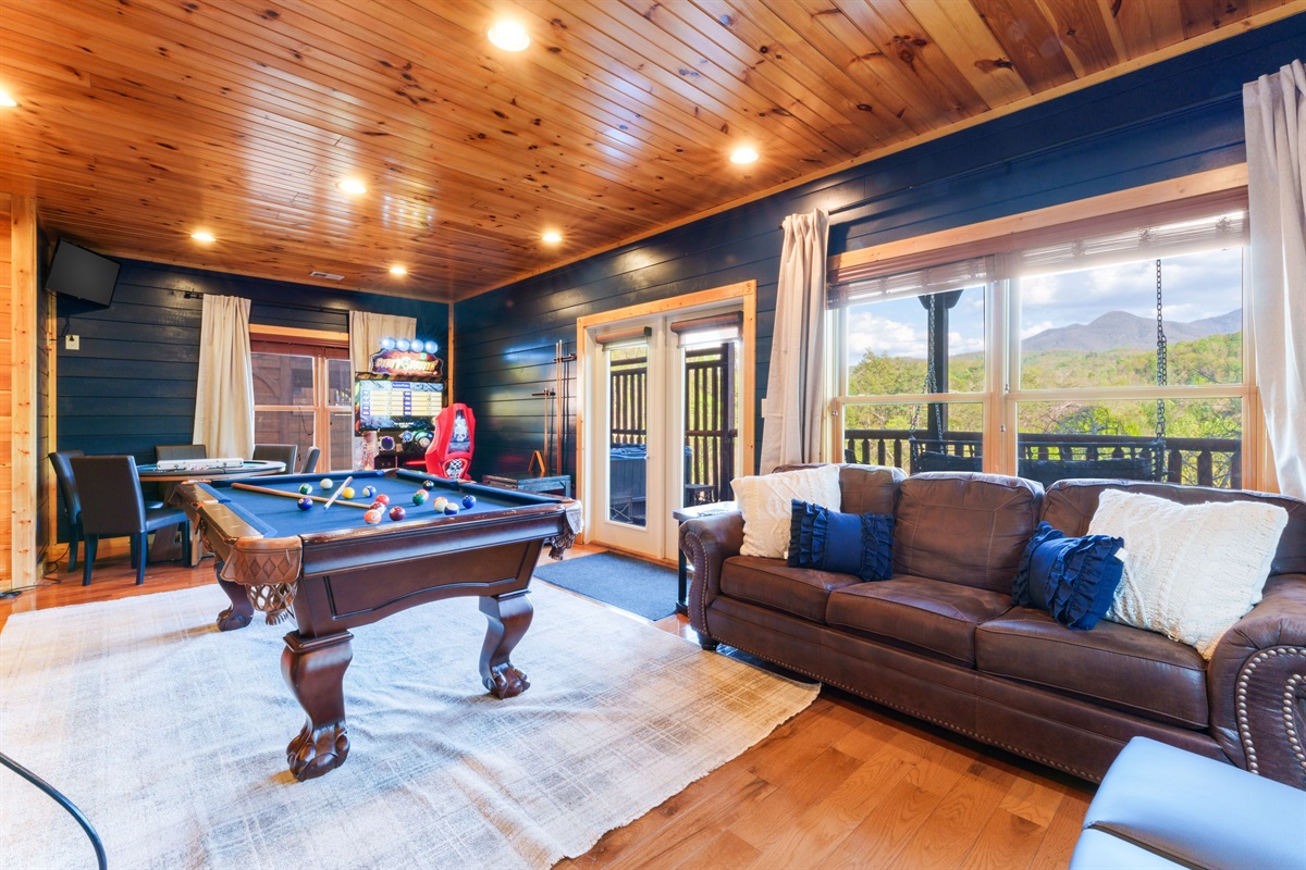 Sofa in the basement is a queen sleeper sofa for extra sleeping accommodations.