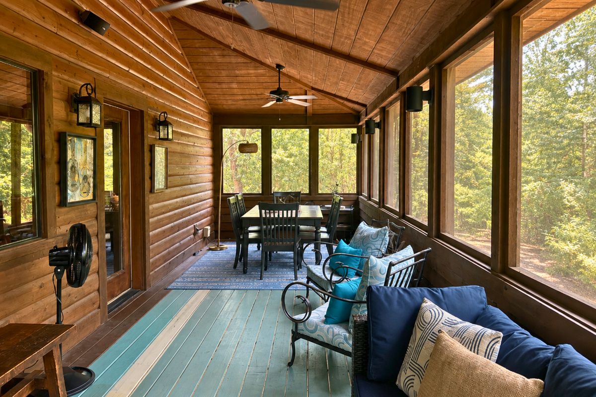 This screened-in sitting area feels like an extension of the cabin itself, with comfortable seating, warm wood surroundings, and forest views on nearly every side.
