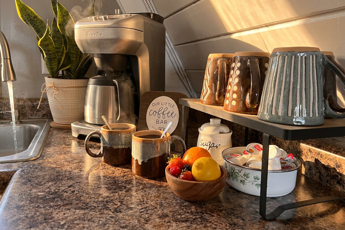 Coffee bar offering drip, grinder or easy to use Keurig. Starter K-Cups provided along with sugar and cream.