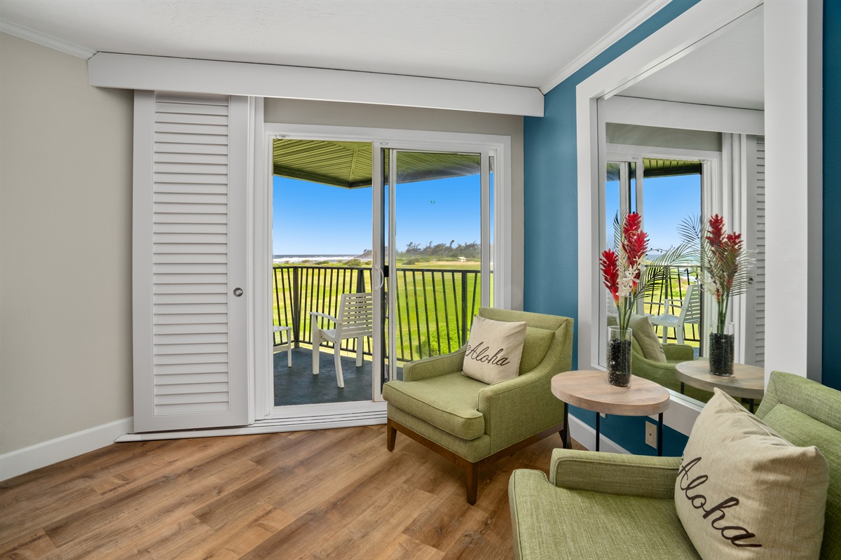 Lounge Area  Cozy sitting area with AC, perfect for relaxing after island adventures.