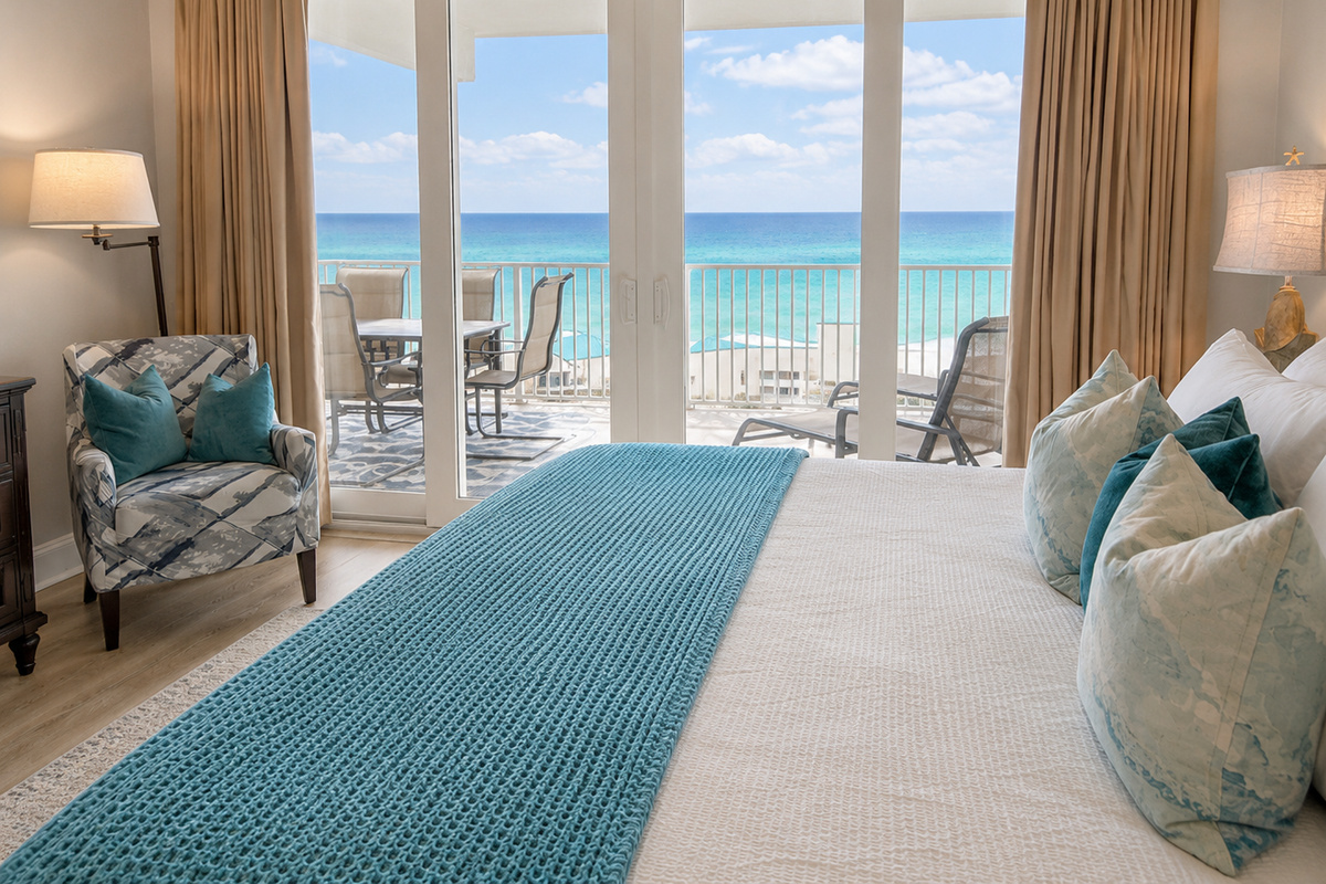 Master bedroom with balcony access and ocean views