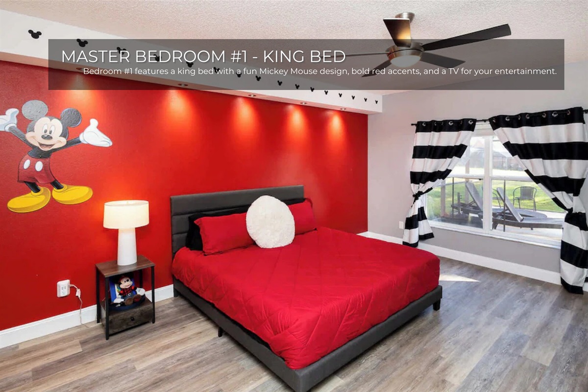 Sleep in style with a playful Mickey Mouse design and a spacious king bed in Bedroom 1.