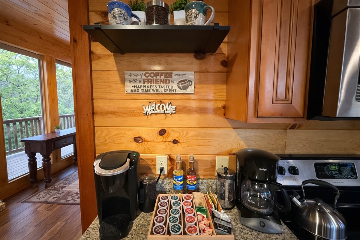 Enjoy our fully stocked signature coffee bar. Brew your favorite cup and enjoy a true cabin stay, one sip at a time.