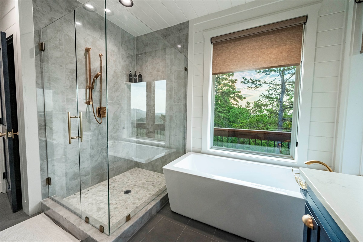 Modern spa bathroom with oversized glass shower and relaxing soaking tub