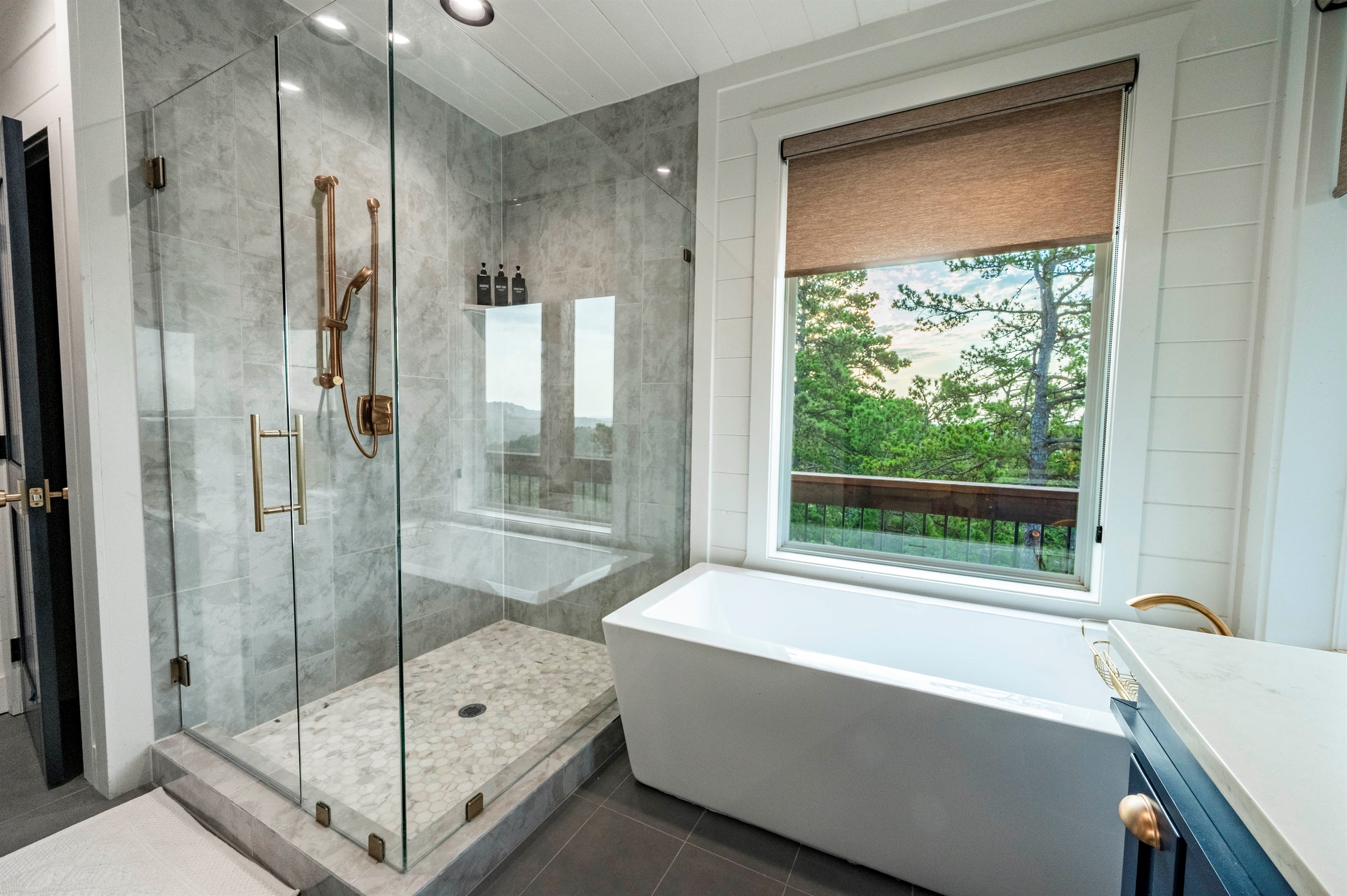 Modern spa bathroom with oversized glass shower and relaxing soaking tub