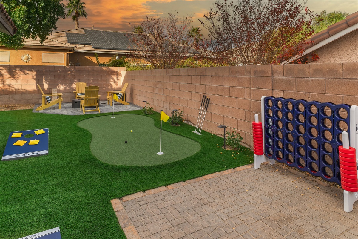 Beautiful grounds. Firepit seating area, cornhole game, giant connect 4, and a 2 hole putting area.