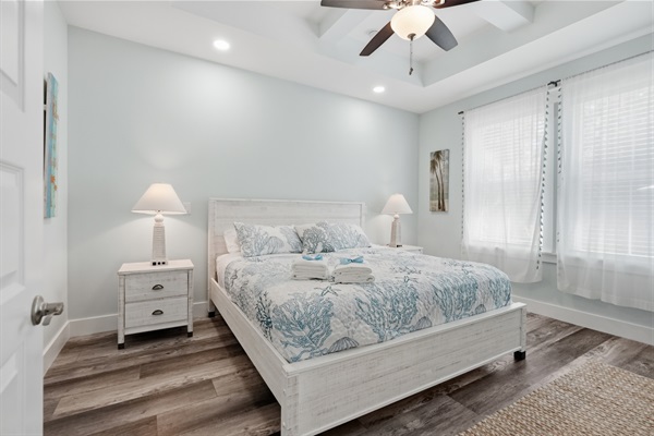 Relax in your primary King room that overlooks the pool, and is attached to your own full ensuite, with full walk-in robe, separate toilet, double vanity and spacious shower with scented soap dispensers.