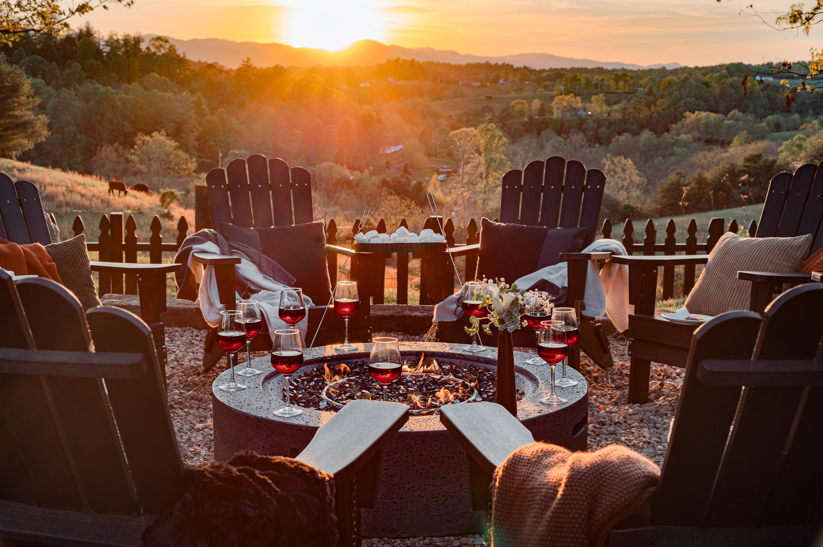 {Fire Pit Overlook} Sip wine beside the fire as the sun dips behind the mountains and the valley glows around you. Designed for unforgettable evenings under the open sky.