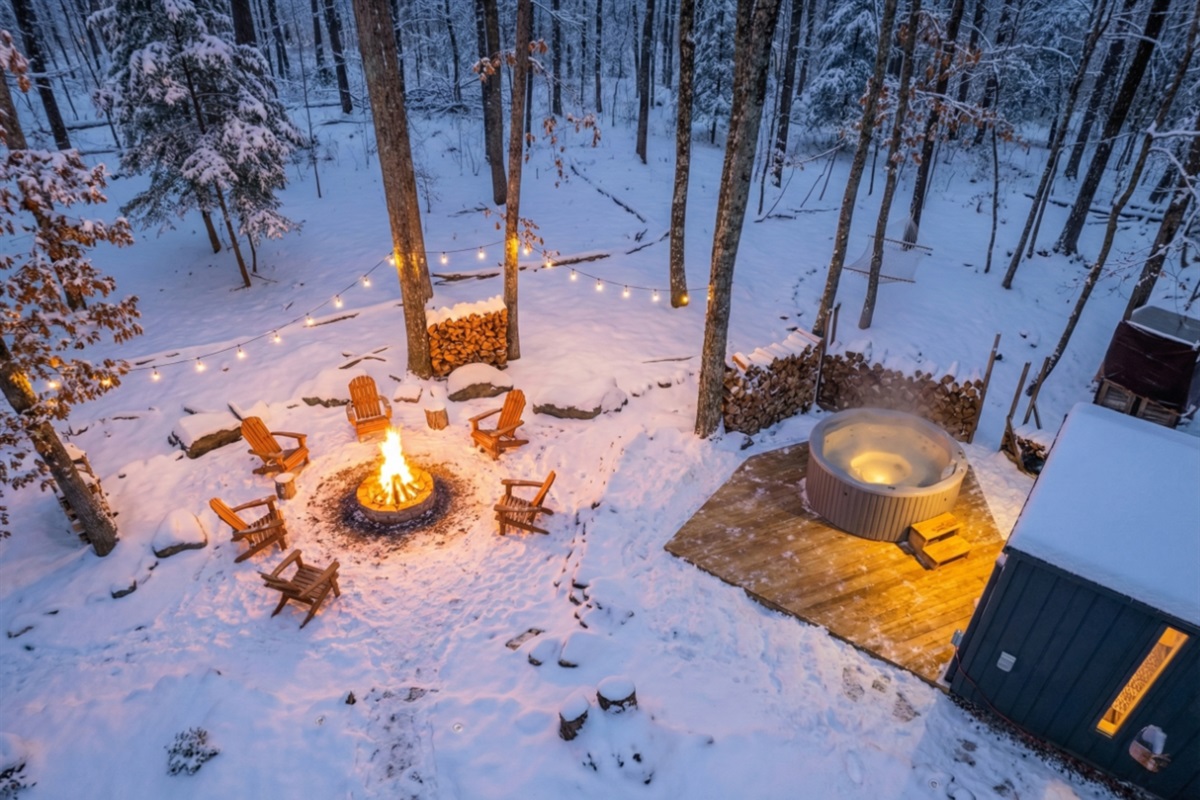 Firepit and Hot Tub next to your own custom Sauna