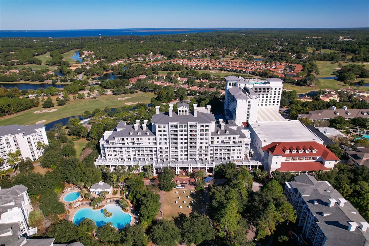 Ariel view of The Grand from the bayside of the SanDestin golf & Beach Resort.