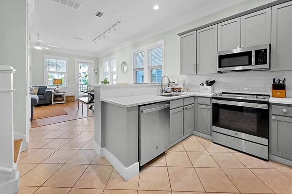 Open floor plan and tall ceilings make the home bright and feel spacious.