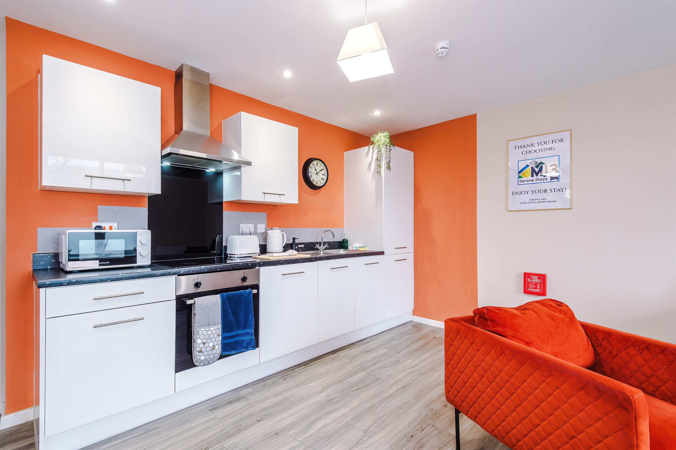 The modern kitchen benefits from utensils, crockery, microwave, oven, hob, dishwasher, fridge freezer & washer/dryer 