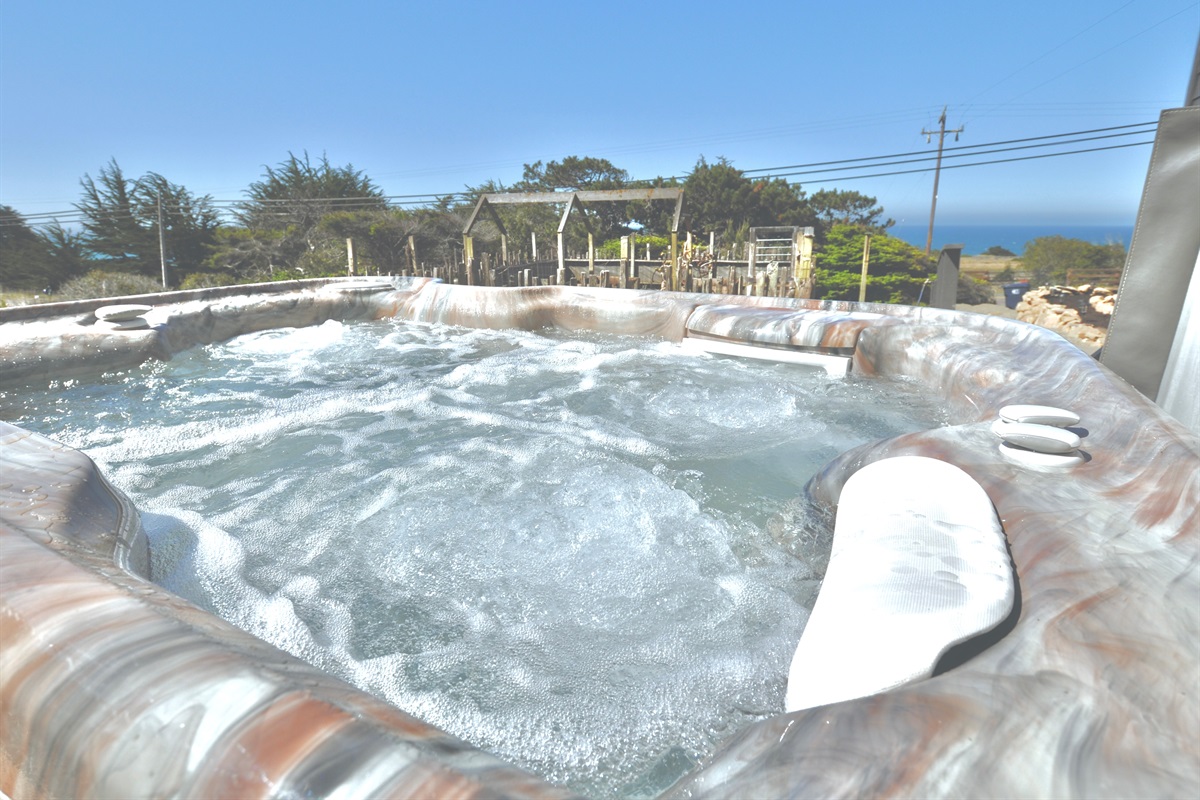 The private, secluded ocean-view hot tub is reserved only for you, tucked away from public view. The hot tub uses salt as a sanitizer and is serviced after each guest's stay.