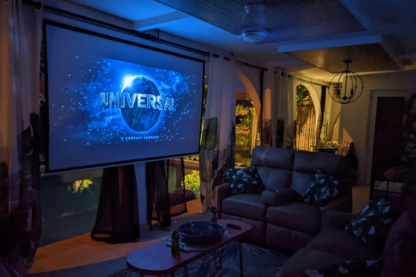 Our patio has 120 inch projection screen for fun family movie nights!