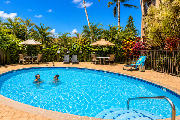 One of 3 swimming pools on property, one per building