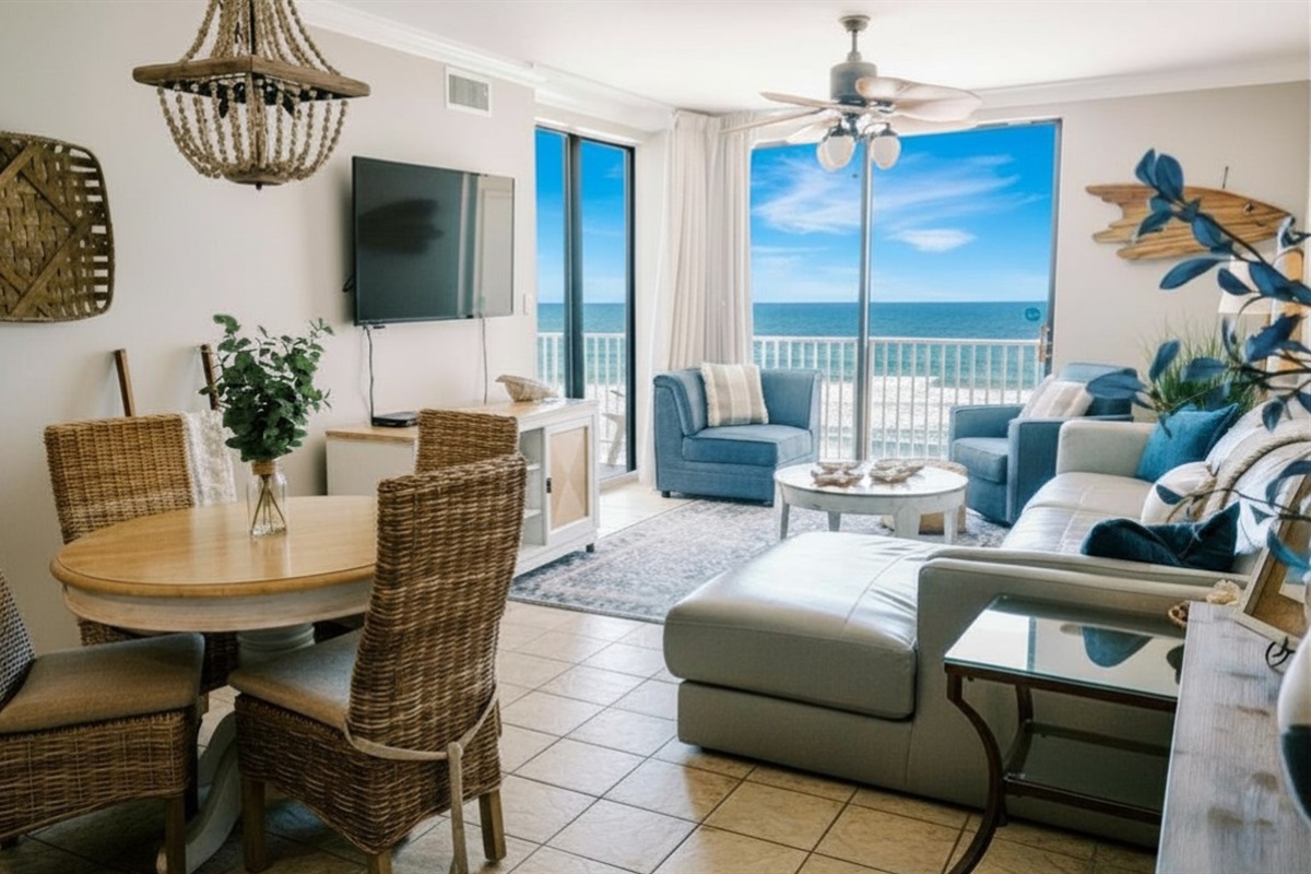 Comfortable seating, updated space with coastal textures. Be at the beach but have those modern designs and comforts.