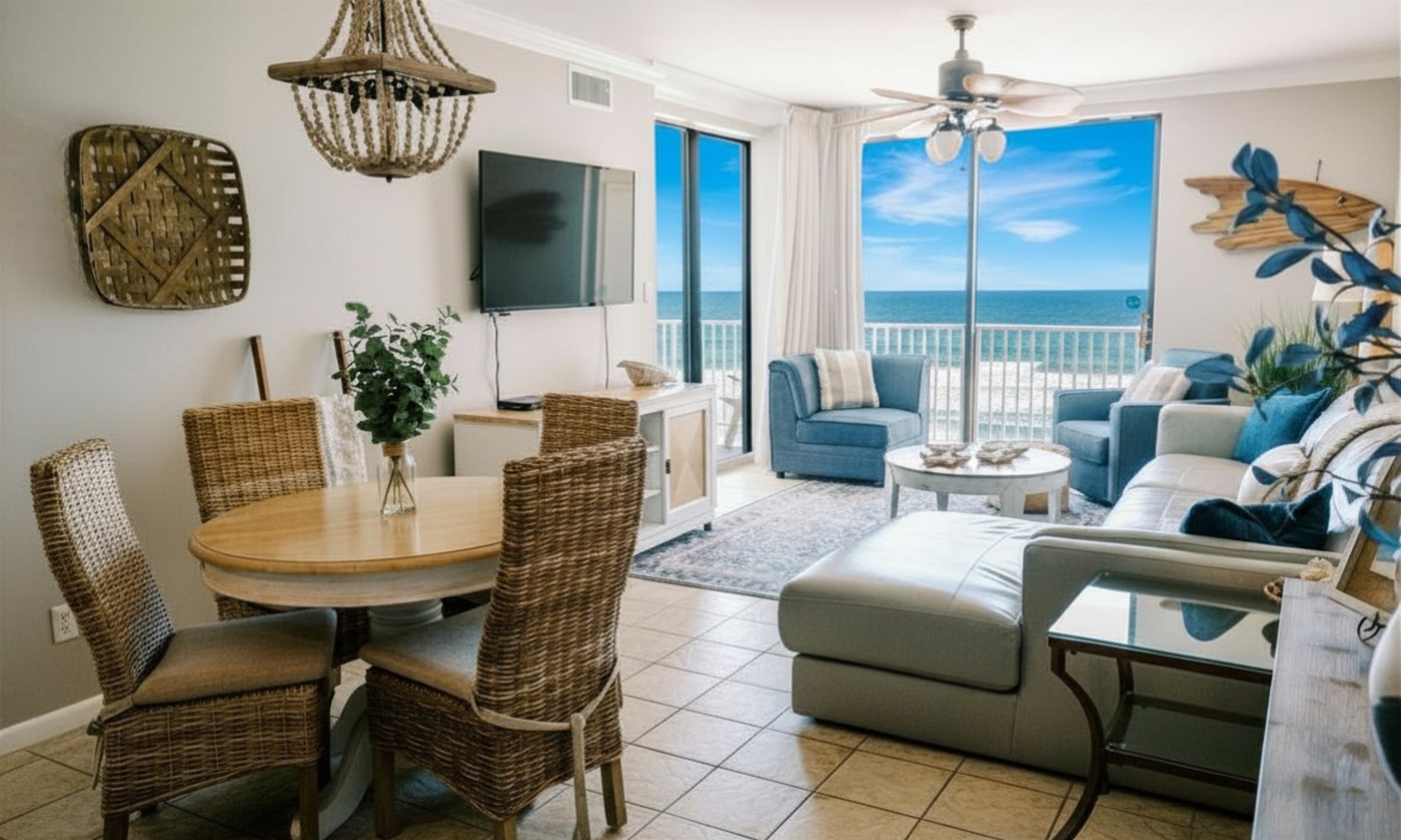 Comfortable seating, updated space with coastal textures. Be at the beach but have those modern designs and comforts.