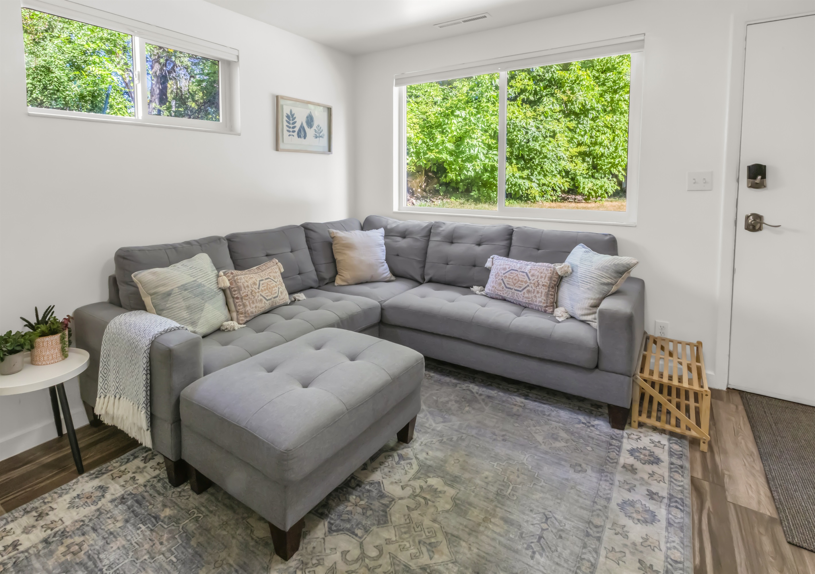 Bright and cozy living room with large windows