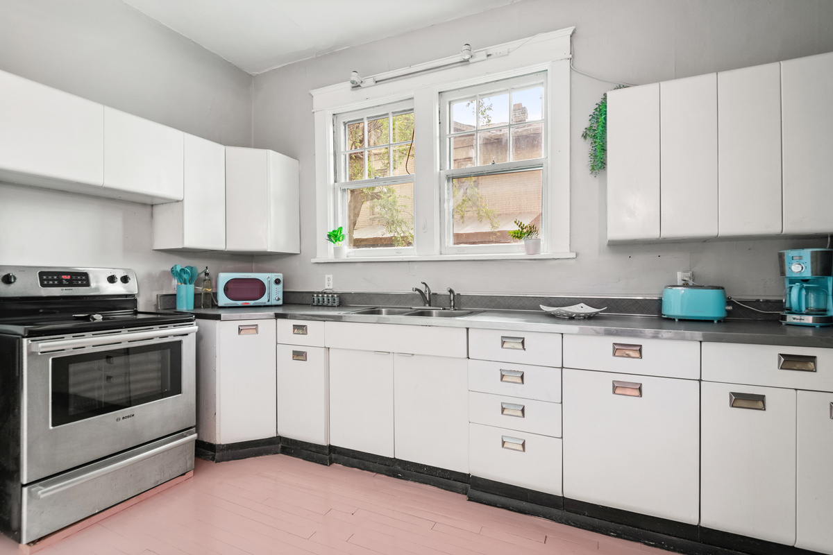 Great lighting with vintage metal cabinets