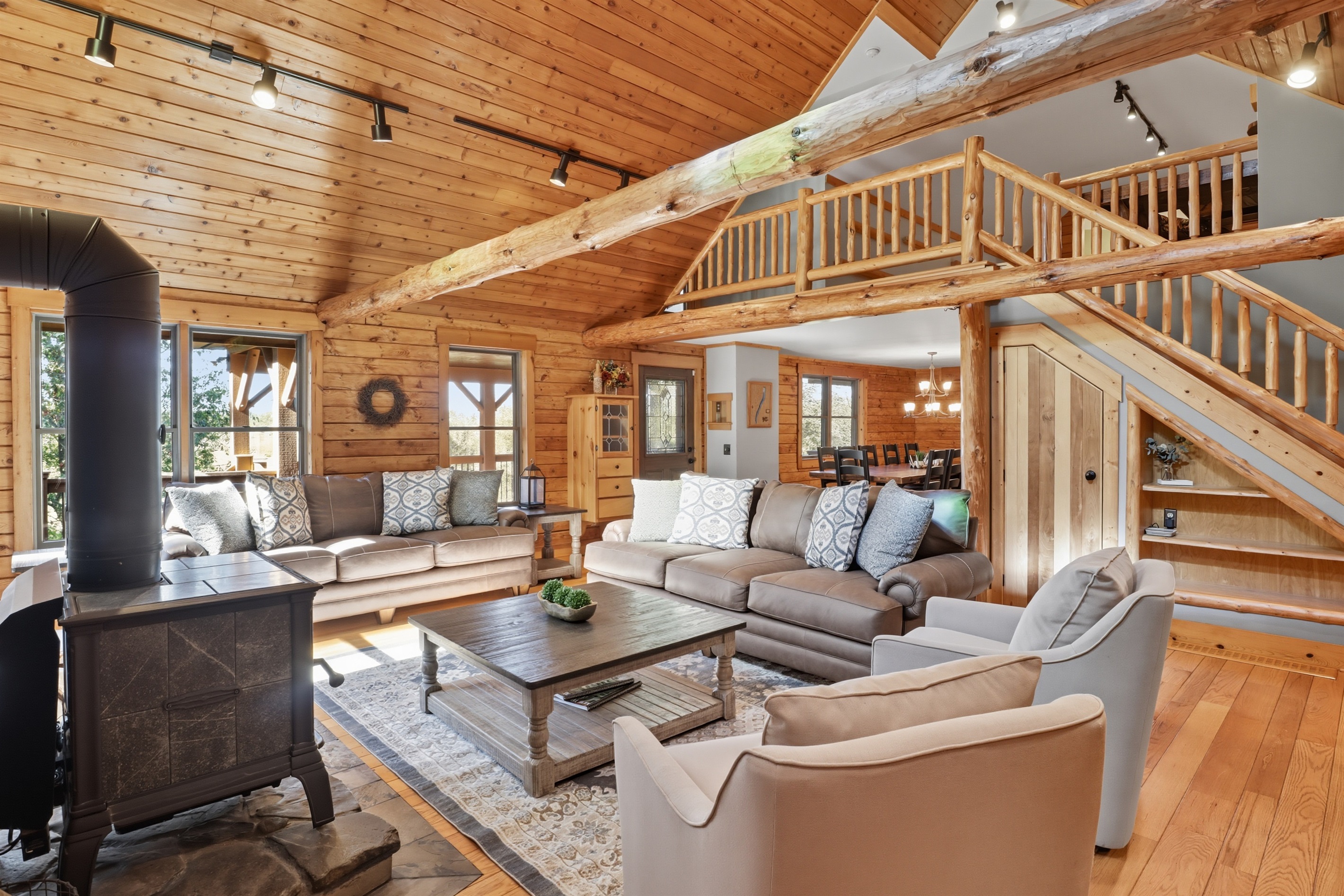 Open living area with rustic charm and plenty of seating for relaxation.