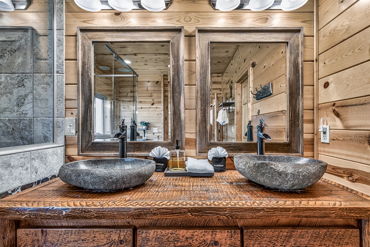 Master bath has dual sinks for getting ready for the next Smoky mountain adventure