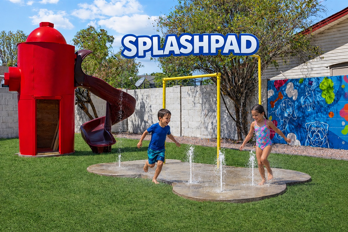 Hours of fun for your furry babies and human babies on your one of a kind dog-themed splash pad playground.