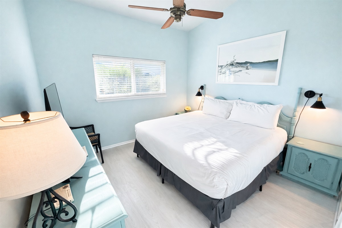 Large, vaulted ceilings in the master bedroom