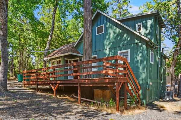 The back of the cabin opens to peaceful forest views and outdoor space to relax and explore.