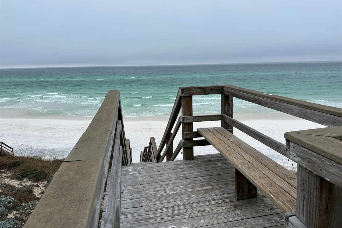 Just a short walk or quick LSV ride brings you to our private deeded beach access to enjoy stunning Gulf views and sugar-white sands. ☀️ Perfect place for a sunset view selfie!