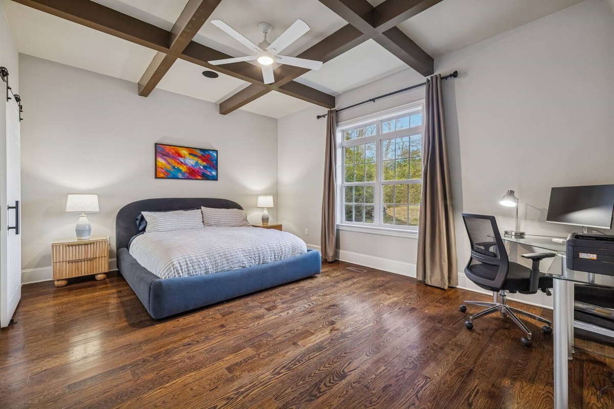 Luxury furnished ground level Master Suite with desk, all in one printer, and monitor. Just plug in your laptop and your home office is complete!