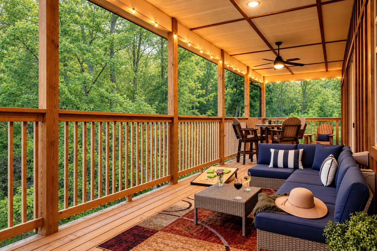 Covered lounge, café lights, a ceiling fan, and cornhole, all above the trees.