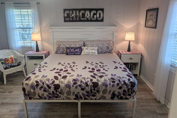 King bed with new mattress and all new bedding.