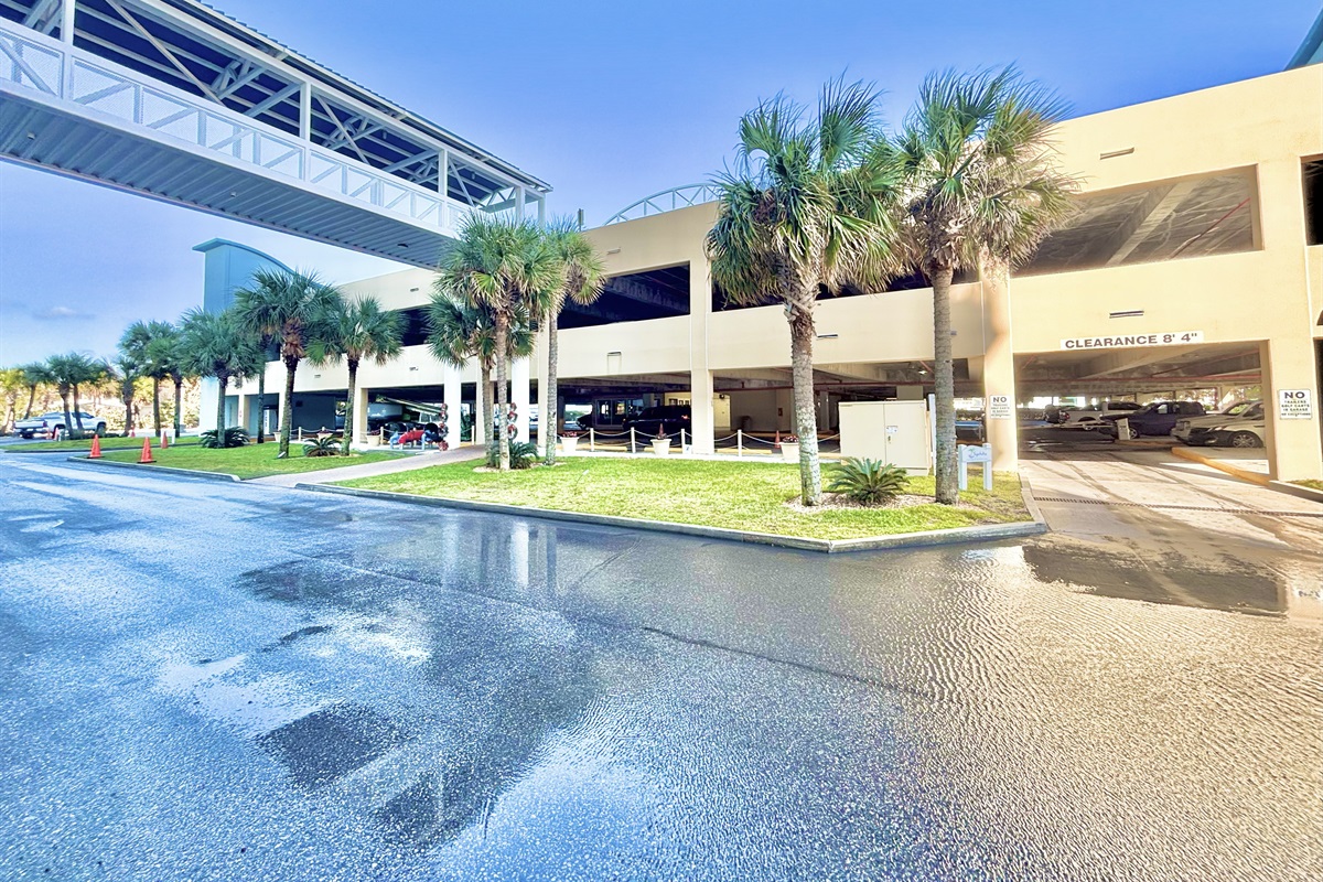 Parking garage with skyway bridge to condo building