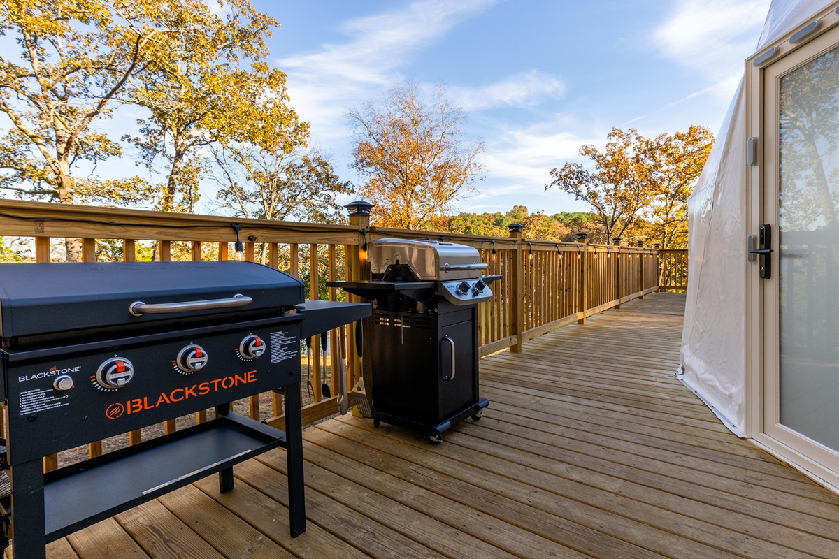 Private deck with Blackstone grill and gas BBQ—perfect for lakeside cooking with peaceful forest views.