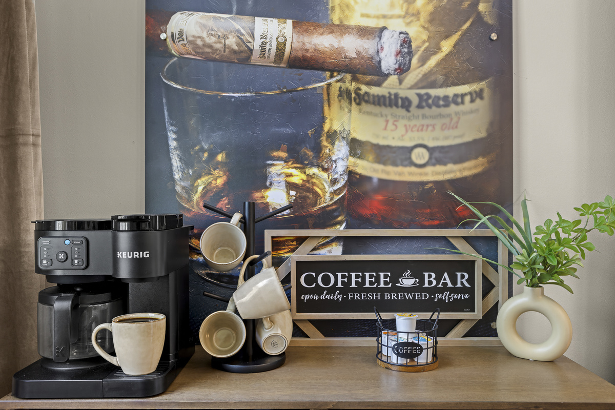 Start every morning at the Keurig Coffee Bar, where a fresh brew, Family Reserve artwork, and a relaxed pace set the tone for the day ahead.