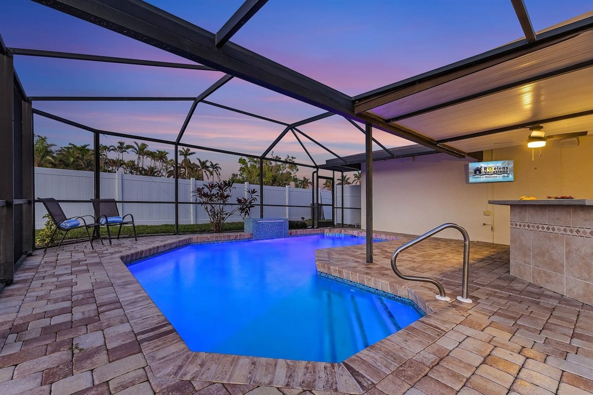 Pool area in the evening