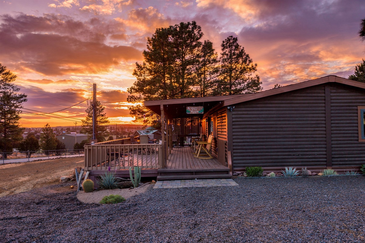 Patio sunsets/evening. Photo taken in spring. Winter time the plants will not be full green and deer often eat them. 