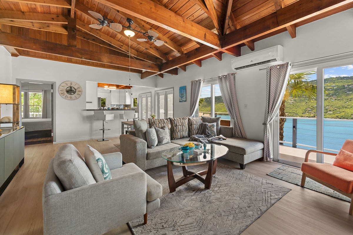 Living room with incredible view of Magen's Bay. 
