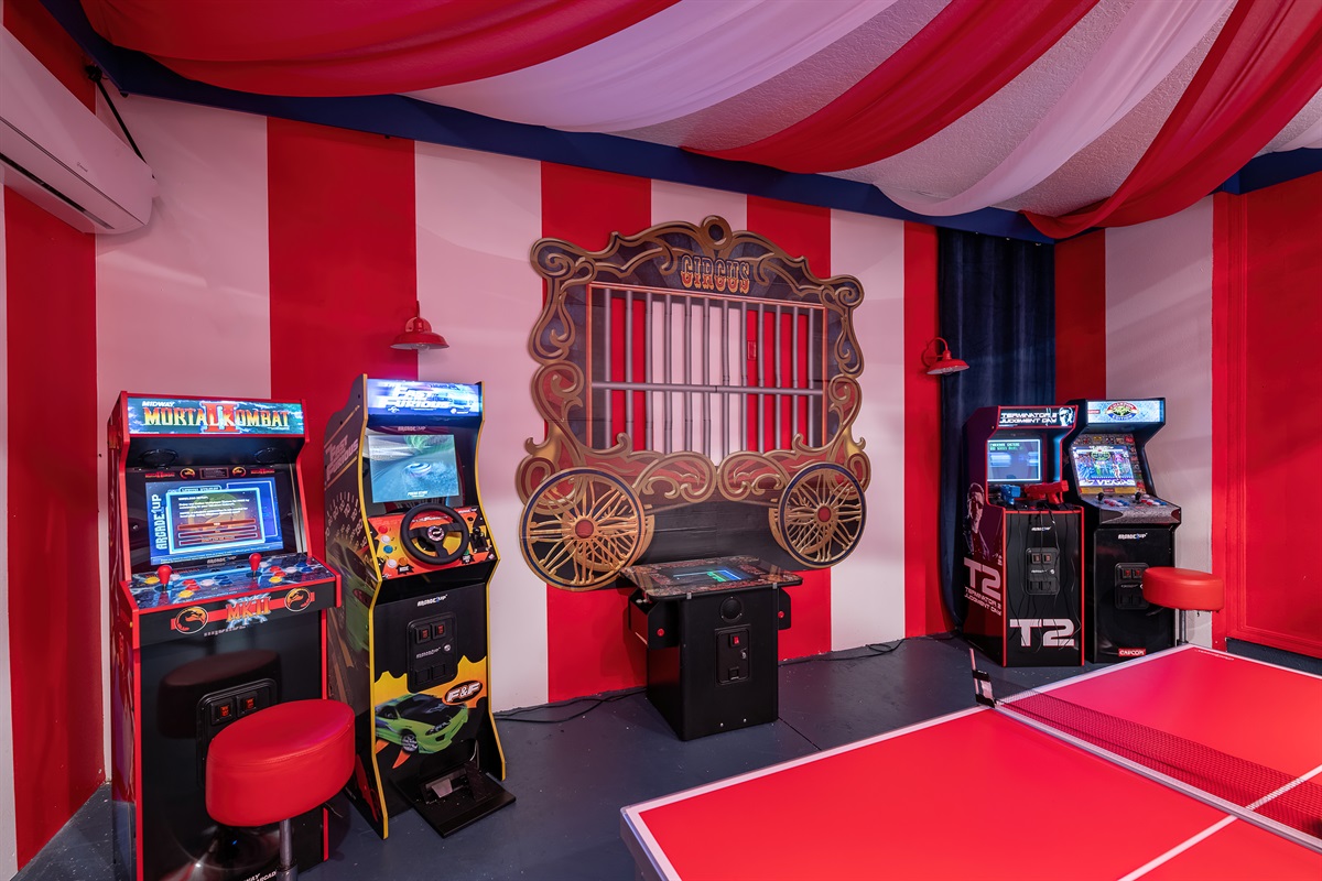 Game Room: Step into a vibrant arcade paradise with retro games and circus charm!